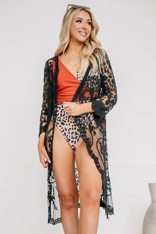 Let's Call It Floral Lace Cover Up Kimono | Black