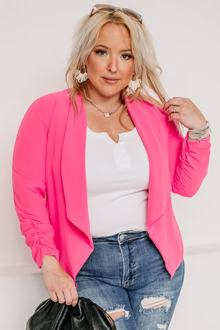 On Call Ruched Sleeve Blazer | Hot Pink