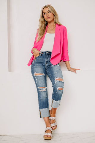 On Call Ruched Sleeve Blazer | Hot Pink