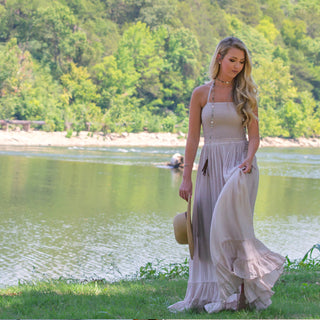 Shop siloe women's boutique features how to style a bohemian beige maxi dress for a summer outfit