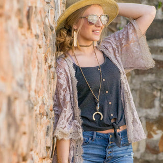 Summer Music Festival Outfit With Lace Kimono & Button-Up Grey Crop Top