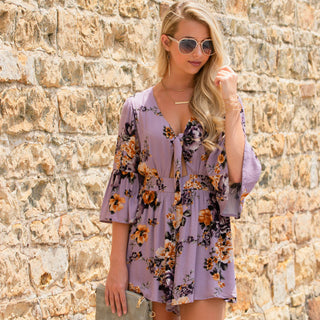 shop siloe features how to style a purple floral romper for a casual outfit