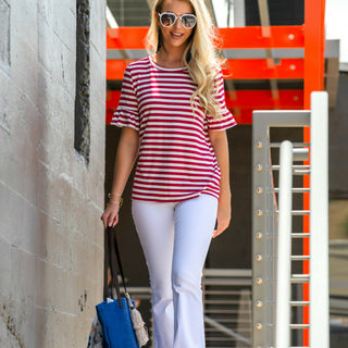 How to Style White Flared Pants and a Red Striped Top For 4th of July Outfit | Shop Siloe Boutique
