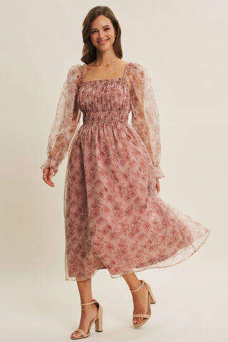 Ethereal Grace Floral Organza Midi Dress