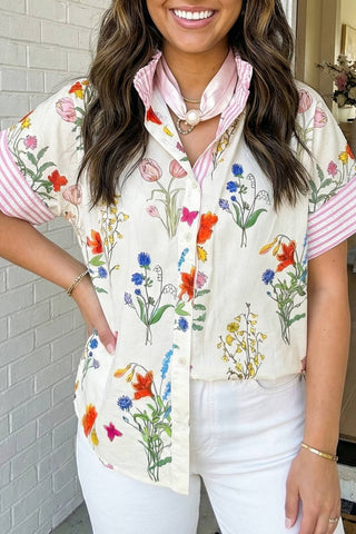 Floral Striped Printed Button Top