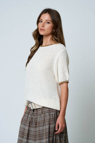 Contrast Trim Puff Sleeve Ribbed Sweater