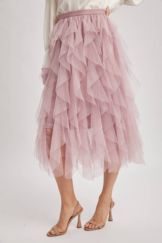 Spiral Ruffled Tulle Midi Skirt