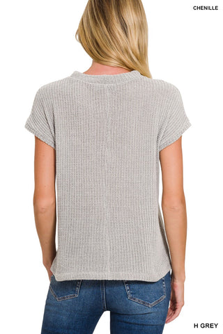 Heather Grey Chenille Waffle Short Sleeve Sweater