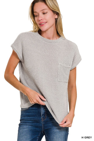 Heather Grey Chenille Waffle Short Sleeve Sweater