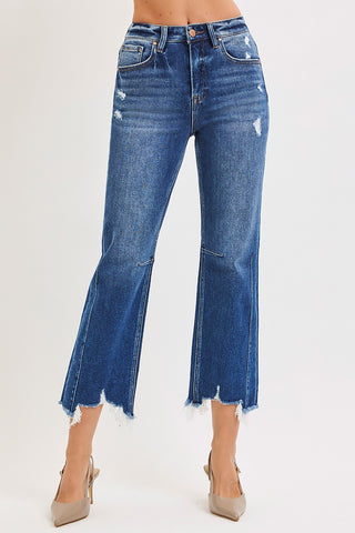High Rise Crop Straight Distressed Hem Jeans