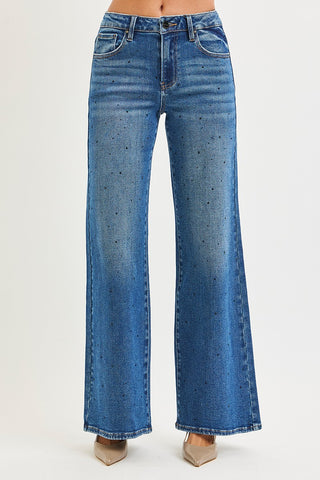 High Rise Wide Leg Rhinestone Jeans