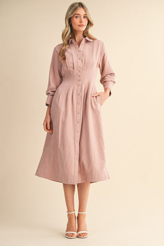 Pleated Waist Button Down Midi Dress