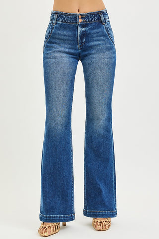 High Rise Flare Jeans With Double Button Down
