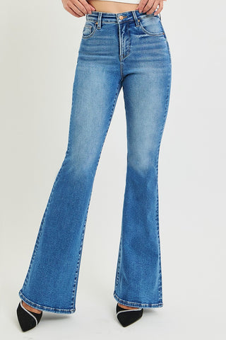 Tummy Control High Rise Flare Contrast Stitch Jeans