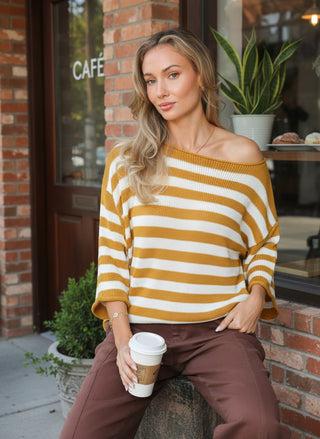Boatneck Striped Sweater Top | Mustard