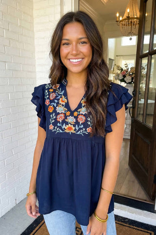 Embroidered Detail Babydoll Blouse