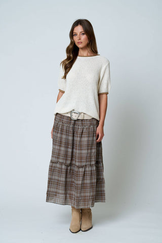 Contrast Trim Puff Sleeve Ribbed Sweater