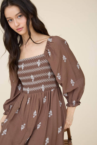 Floral Embroidery Smocked Midi Dress