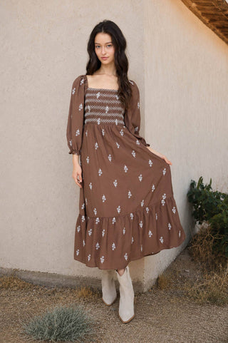 Floral Embroidery Smocked Midi Dress