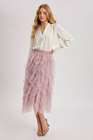 Spiral Ruffled Tulle Midi Skirt