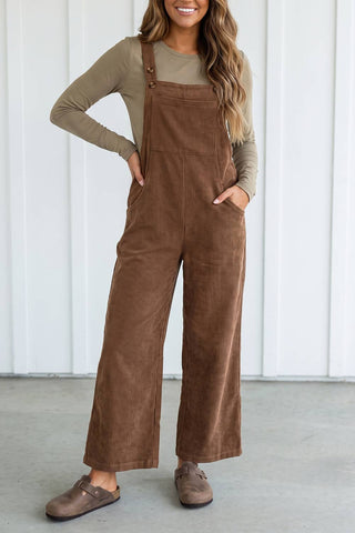 Solid Corduroy Wide Leg Overalls