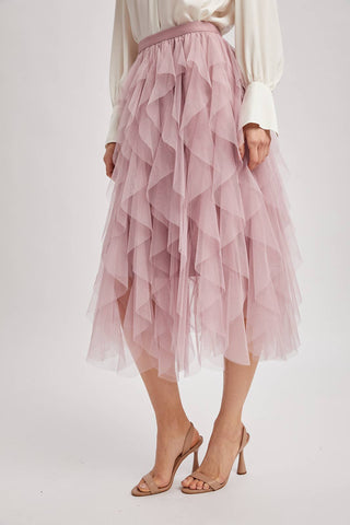 Spiral Ruffled Tulle Midi Skirt