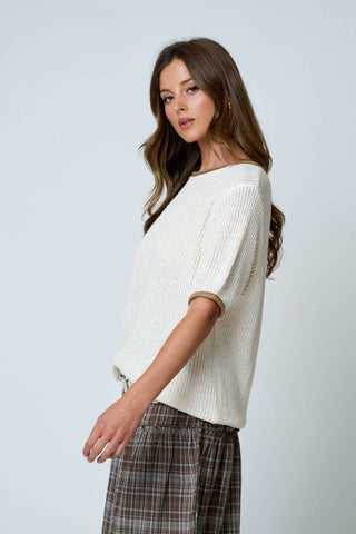 Contrast Trim Puff Sleeve Ribbed Sweater