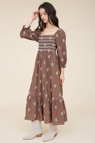Floral Embroidery Smocked Midi Dress