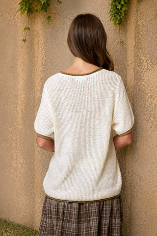 Contrast Trim Puff Sleeve Ribbed Sweater