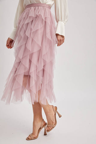 Spiral Ruffled Tulle Midi Skirt