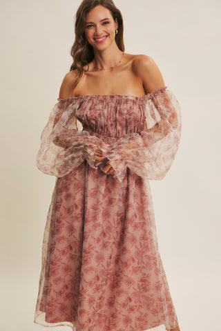 Ethereal Grace Floral Organza Midi Dress