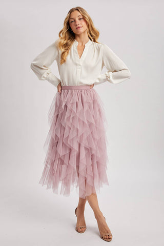 Spiral Ruffled Tulle Midi Skirt