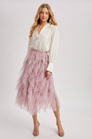 Spiral Ruffled Tulle Midi Skirt