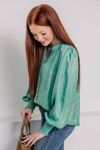 Ariel's Closet Metallic Balloon Sleeve Top | Jade