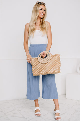 Bamboo Textured Woven Pleated Capri Pants | Lotus Blue