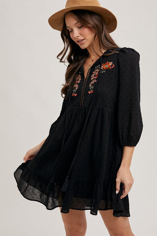 Ruffled Intentions Embroidered Mini Dress {Black}