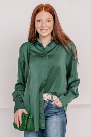 Green With Envy Satin Button Down Top