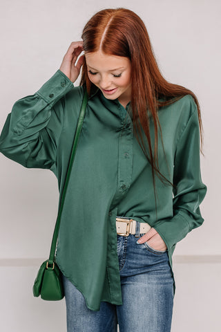 Green With Envy Satin Button Down Top