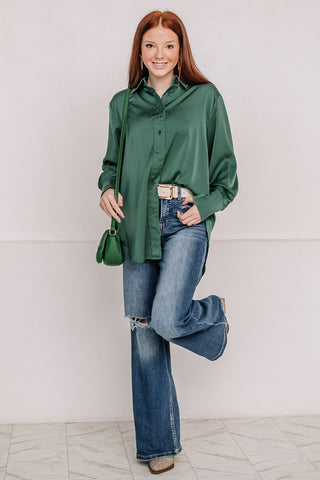 Green With Envy Satin Button Down Top