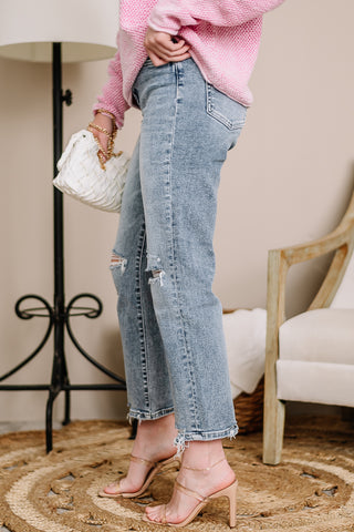 High Rise Distressed Straight Jeans