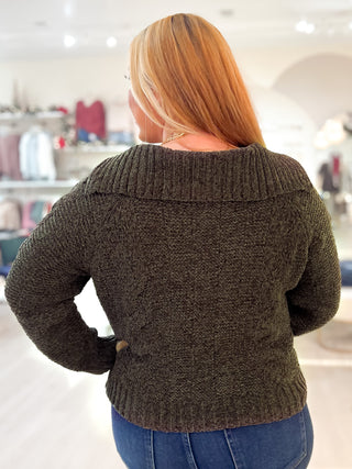 Chenille Cable Knit Collar Button Sweater Cardigan