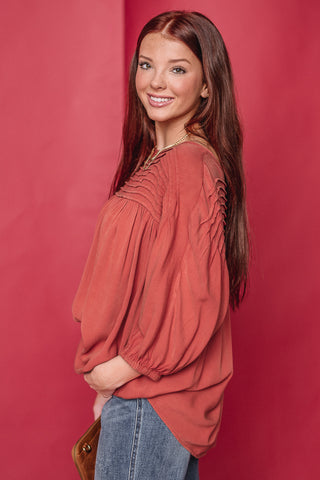 Pintuck Mineral Woven Top | {Boho Red}