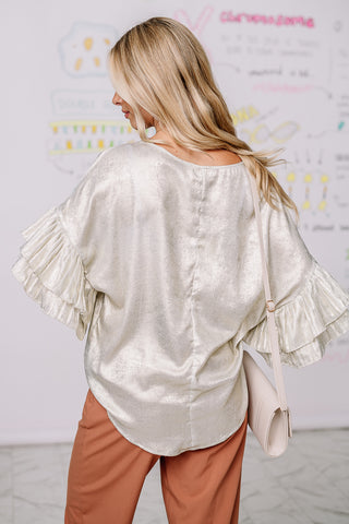 Pleated Sleeve Foil Top | Champagne