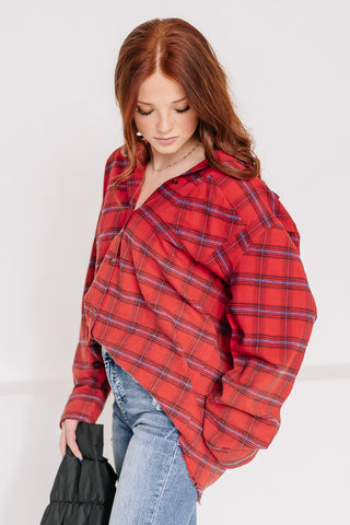 Raw Edge Button Down Plaid Top | Red