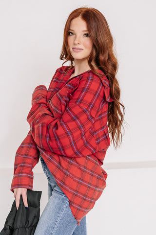 Raw Edge Button Down Plaid Top | Red