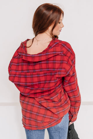 Raw Edge Button Down Plaid Top | Red