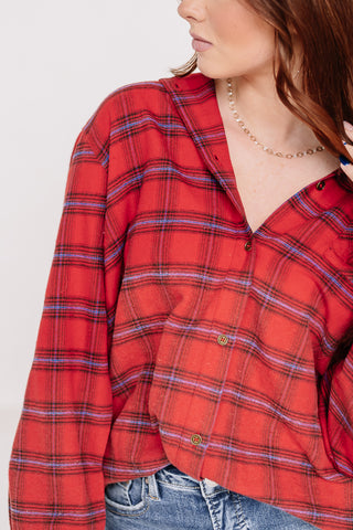 Raw Edge Button Down Plaid Top | Red