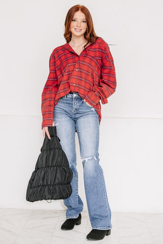 Raw Edge Button Down Plaid Top | Red