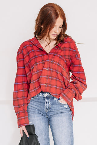 Raw Edge Button Down Plaid Top | Red