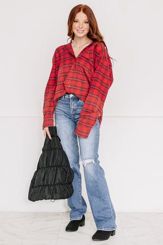 Raw Edge Button Down Plaid Top | Red